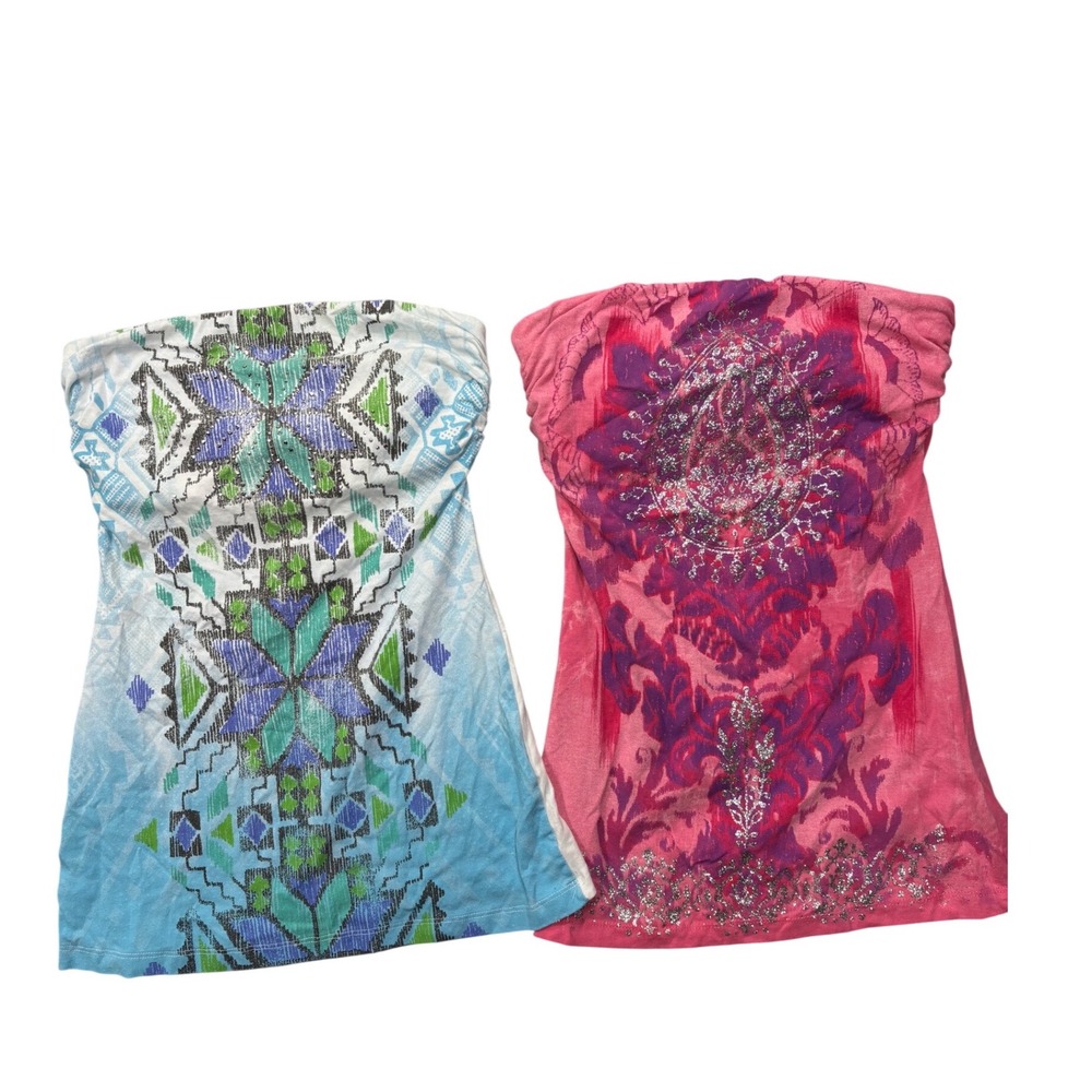 Bongo Tube Top Small Blue Pink Set of 2 Graphic Rhinestone Y2K Strapless Bling